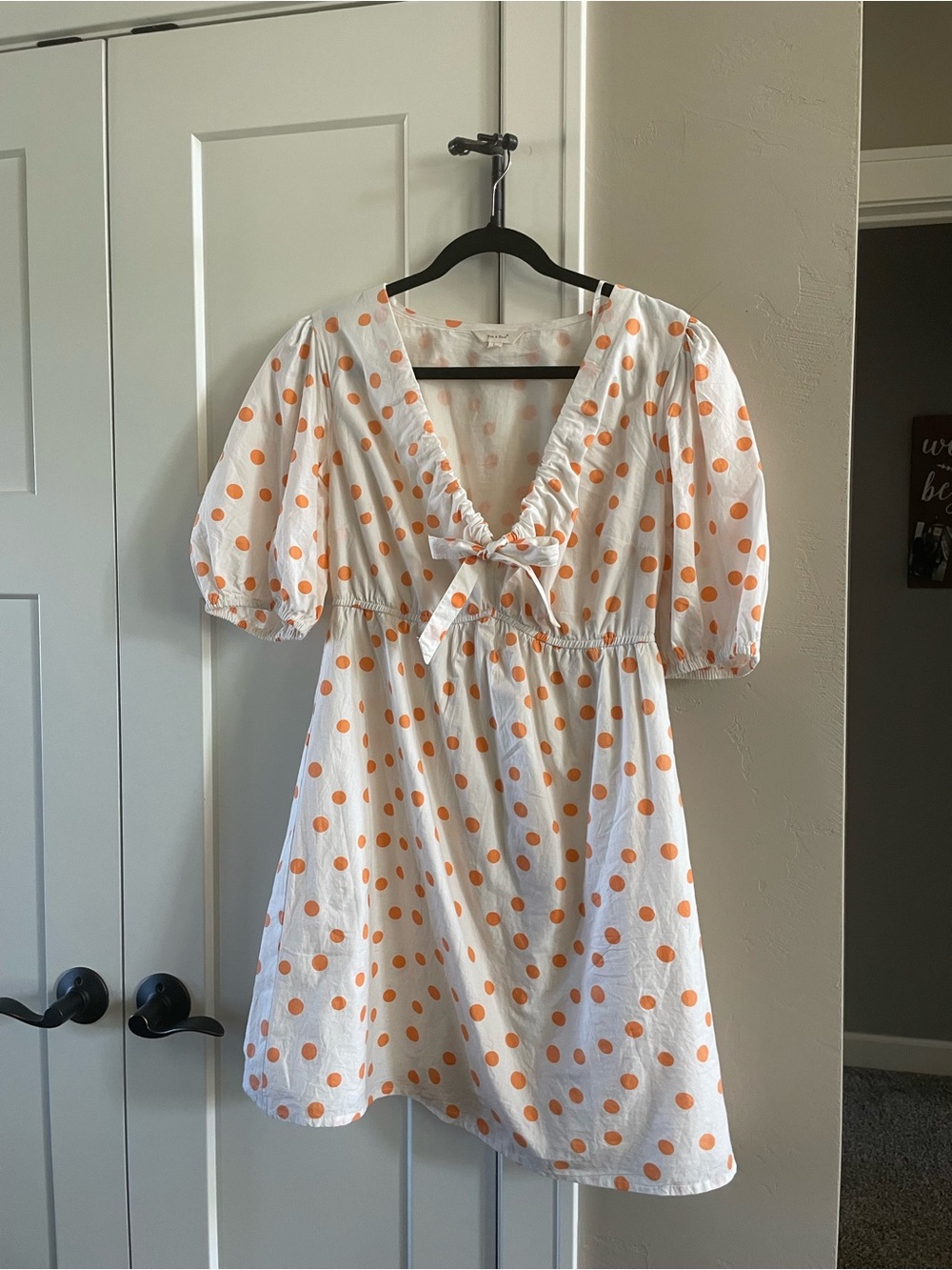 White Dress with Orange Polka Dots and Front Tie